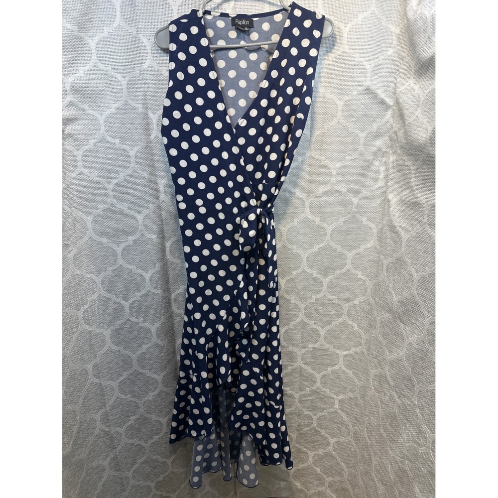 Papillon‎ Women's XL Navy Blue Polka Dot Sleeveless Wrap Dress